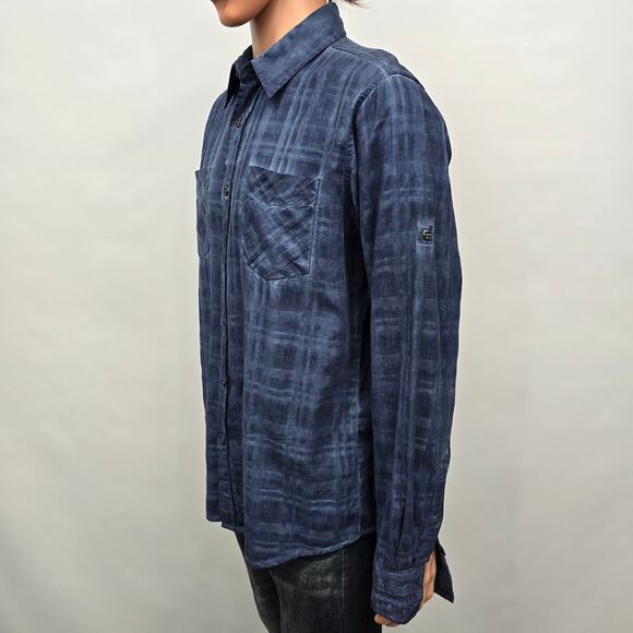 Affliction Black Premium Shirt Blue Plaid Long Roll tab Sleeves Dual Pockets L - Picture 4 of 13